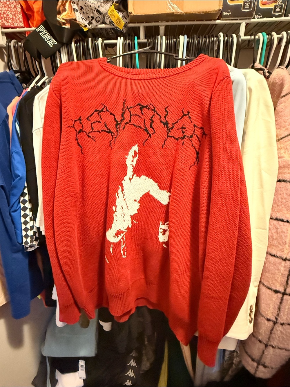 Bershka Red Graphic Crewneck Sweater with White Motif
